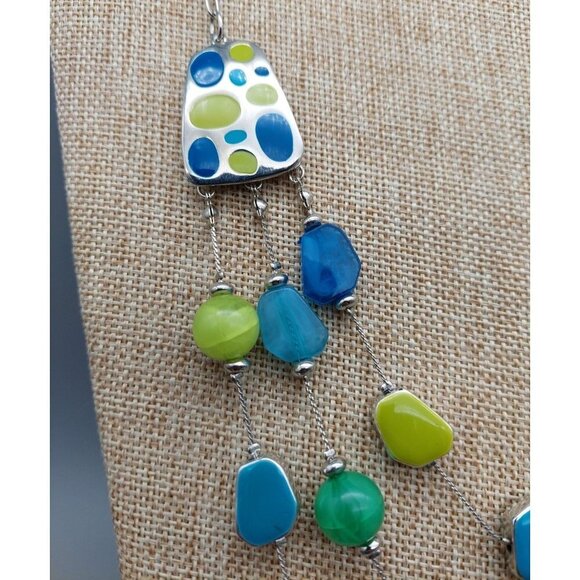 Cute & Colorful Multi Strand Silver Tone Statement Necklace Blue & Green Beads - Picture 7 of 9
